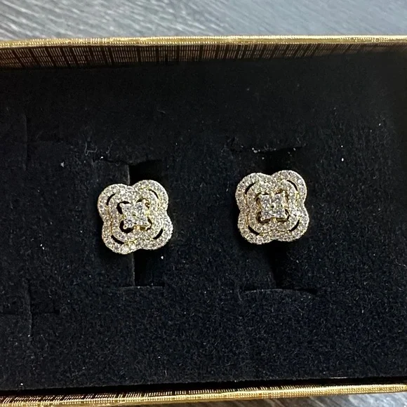 Gold Plated Clover Shaped Earrings with Pavé Clear Stones - Picture 1 of 4